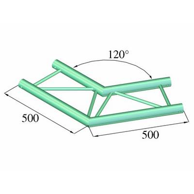 '3D representation of a metal construction. Two V-shaped beams connected, angle 120 degrees. Distances of 500 mm between the endpoints.'