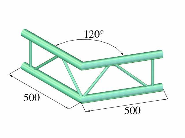 3D representation of a metal structure with two sides of equal length, each 500 mm, connected at a 120-degree angle.