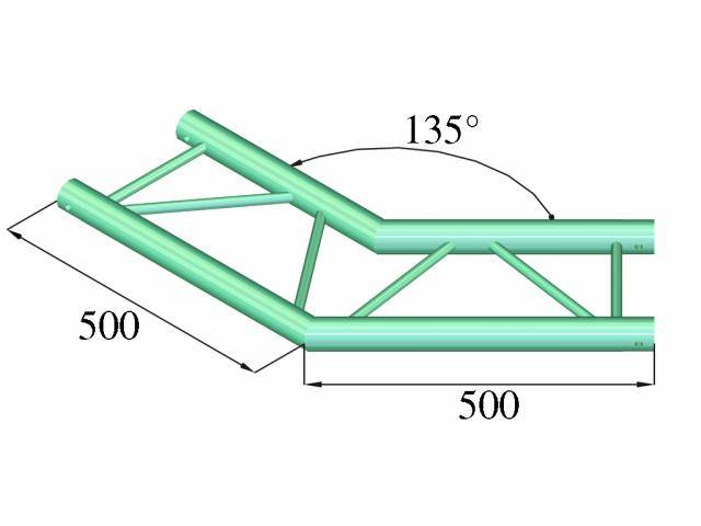Pipe structure with a 135-degree angle. Two 500 mm long pipes connect to form a Y-shaped frame with cross-bracing.