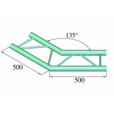Pipe structure with a 135-degree angle. Two 500 mm long pipes connect to form a Y-shaped frame with cross-bracing.