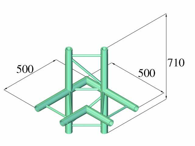 3D representation of a construction with five vertical pipes, connected by horizontal and diagonal pipes. Dimensions: 500x500x710.