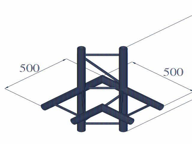 Technical drawing of a metal structure with four verticals, two diagonal braces, and dimensions of 500 x 500 mm.
