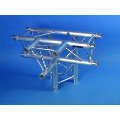 A silver metal tubular carrier piece constructed in a T-shaped design, set against a blue background.