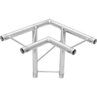 Triangular metal truss with three connection points, typical of stage scaffolding, manufactured from aluminium and silver in colour.