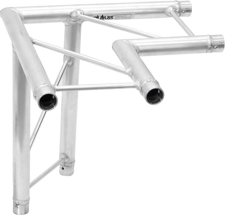 Aluminium truss connection in a T-shape with multiple tubes and coupling pieces, used in stage construction.