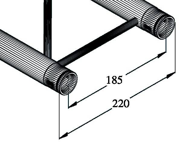 Two parallel pipes with a cross-strut, dimensions: 185 mm between pipes, 220 mm total width, side view.