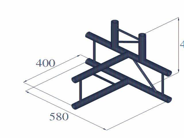 Isometric drawing in blue with dimensions 400 and 580, showing a ribbed and structured 3D construct with three levels.