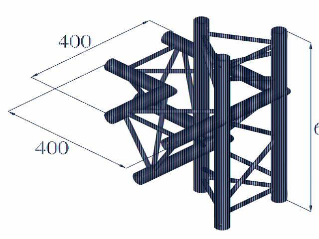 Three-dimensional representation of a timber-frame construction with a square ground plan, side length 400, height 600. Structure is made of beams.