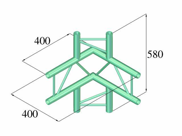3D model of a metallic structure with five supports, pipe connections, and dimensions: 400x400x580 mm.