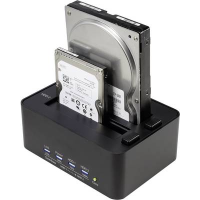 Two hard drives are inserted in an external docking station. One larger, one smaller. Indicators for "Power" and "HDD 1/2".