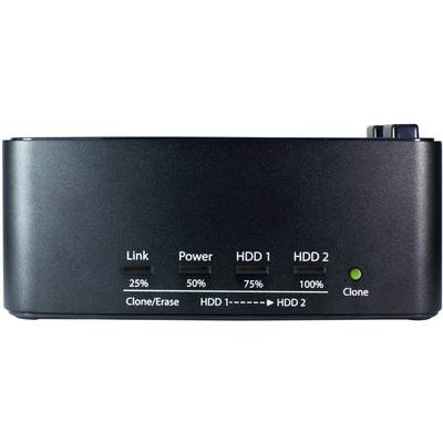 External Hard Drive Docking Station with LED Indicators: 'Link', 'Power', 'HDD 1' (25%, 50%, 75%), 'HDD 2' (100%), 'Clone'.
