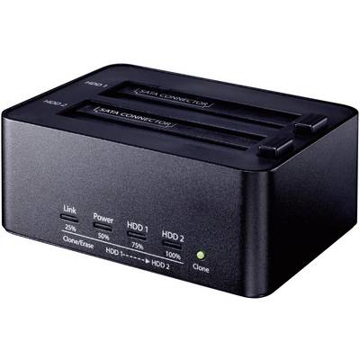 Dual HDD Docking Station with two SATA ports, LED indicators for operational status, connections, and cloning capabilities.