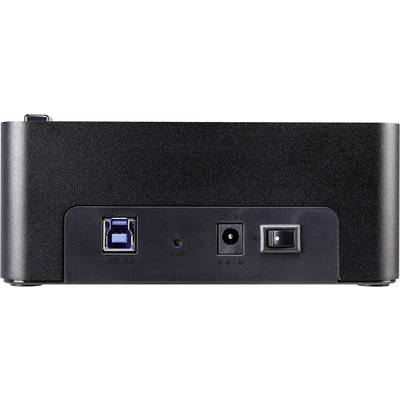 Back of a black device with USB port, power socket, switch, and LED indicator showing the operational status.