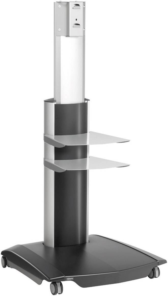 Portable floor stand with two shelving levels and castors, suitable for presentations or monitor mounting.