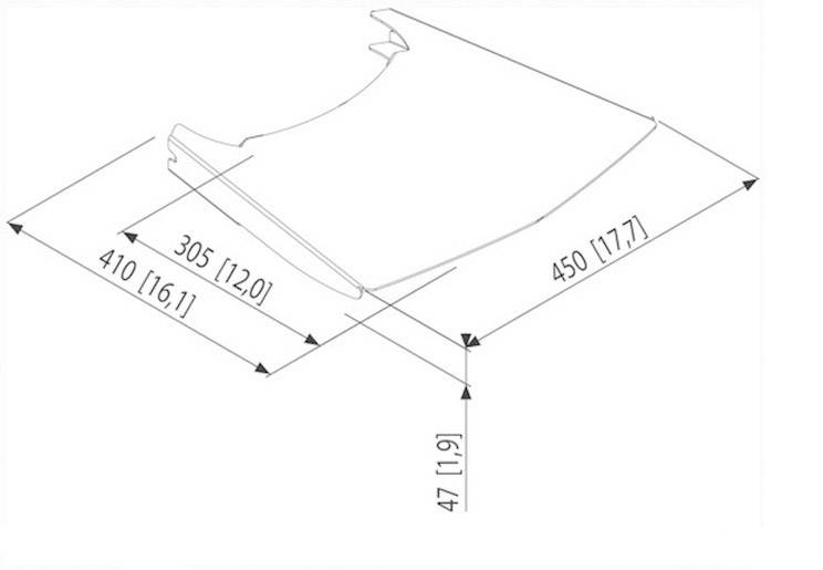 Dimensional drawing of a triangular part with side lengths: 305 mm [12.0"], 450 mm [17.7"], 410 mm [16.1"]. Height: 47 mm [1.9"].