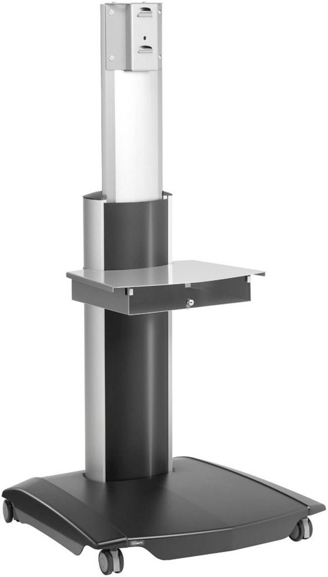 A height-adjustable stand with wheels, suitable for monitors or presentation devices, designed in black and silver.
