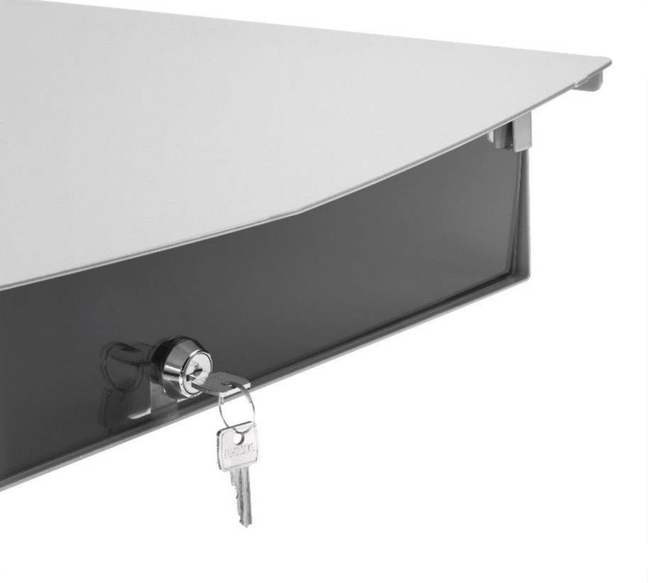 Angled corner wall-mounted letterbox with a lockable flap; key is left in the lock.