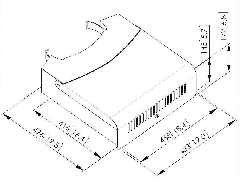Technical drawing of a rectangular device with ventilation slots, dimensions in millimetres: 496 x 483 x 172.6.