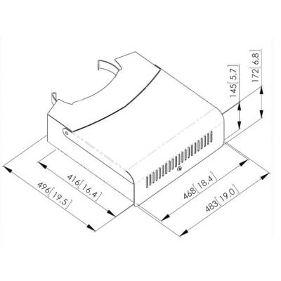 Technical drawing of a rectangular device with ventilation slots, dimensions in millimetres: 496 x 483 x 172.6.