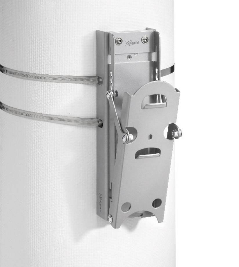 Metal bracket mounted on a pole, secured with two metal straps.