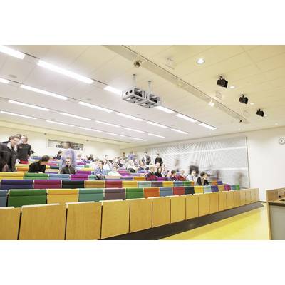 Empty lecture hall with colourful seats; some people are coming in or sitting down, with a clock on the wall in the background.