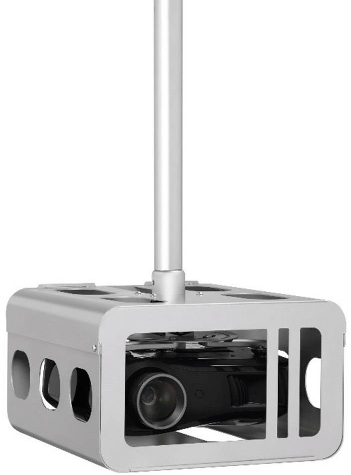 A projector in a silver casing is mounted on a ceiling bracket, suitable for presentations or film screenings.