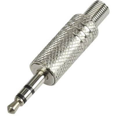 Image of a silver 3.5-mm jack plug with a ridged surface and three rings for stereo audio connections.