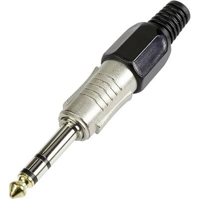 A single stereo jack plug with a metal casing and black cable connection, typically used for audio connections.