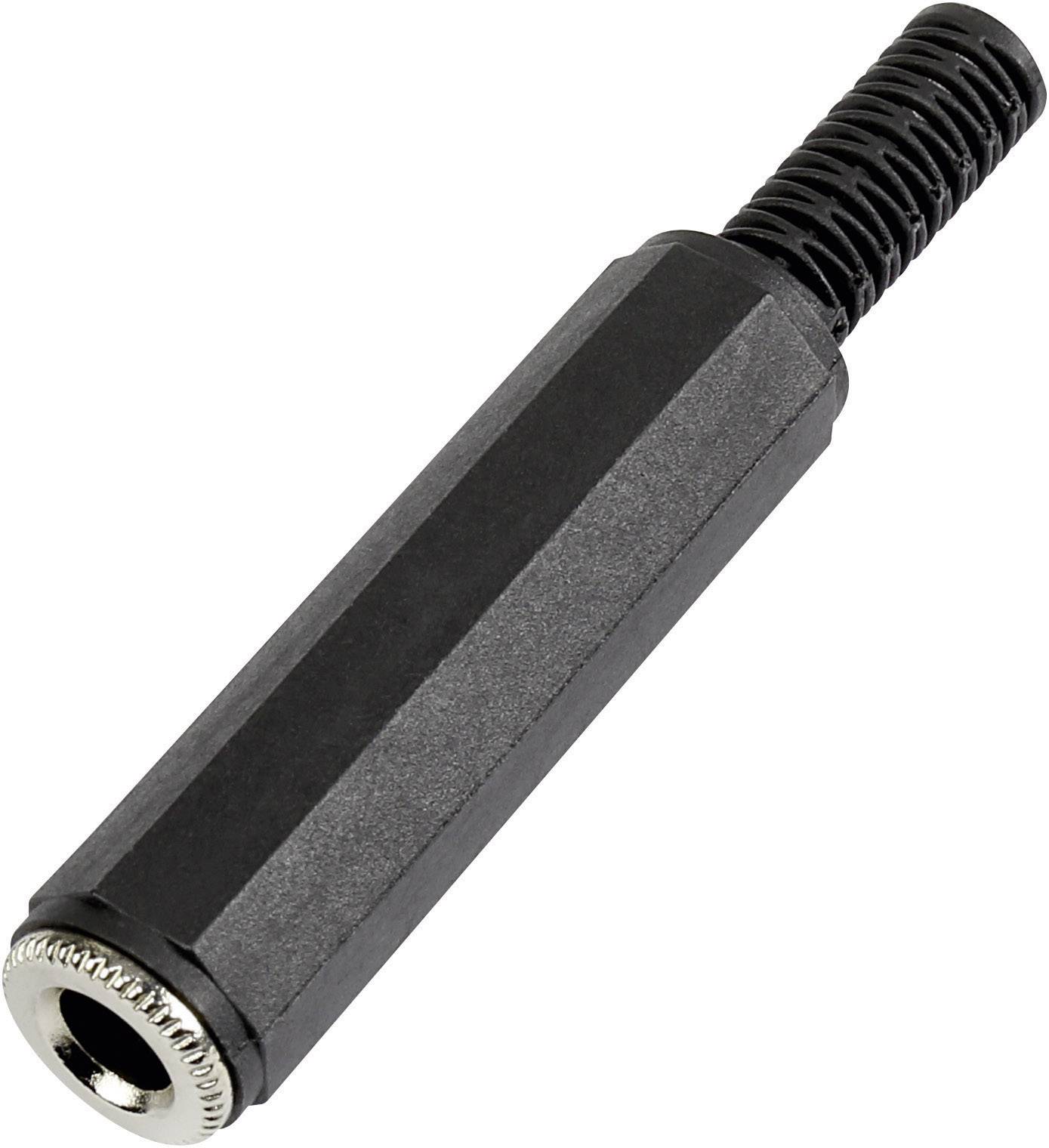 Black, cylindrical adapter with knurled metal tip and insulated grip end. Audio device connector.