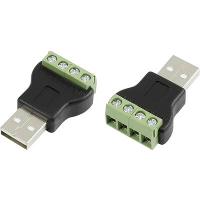 Two USB plug adapters with green screw terminals, suitable for DIY electronics projects or connections with non-USB devices.