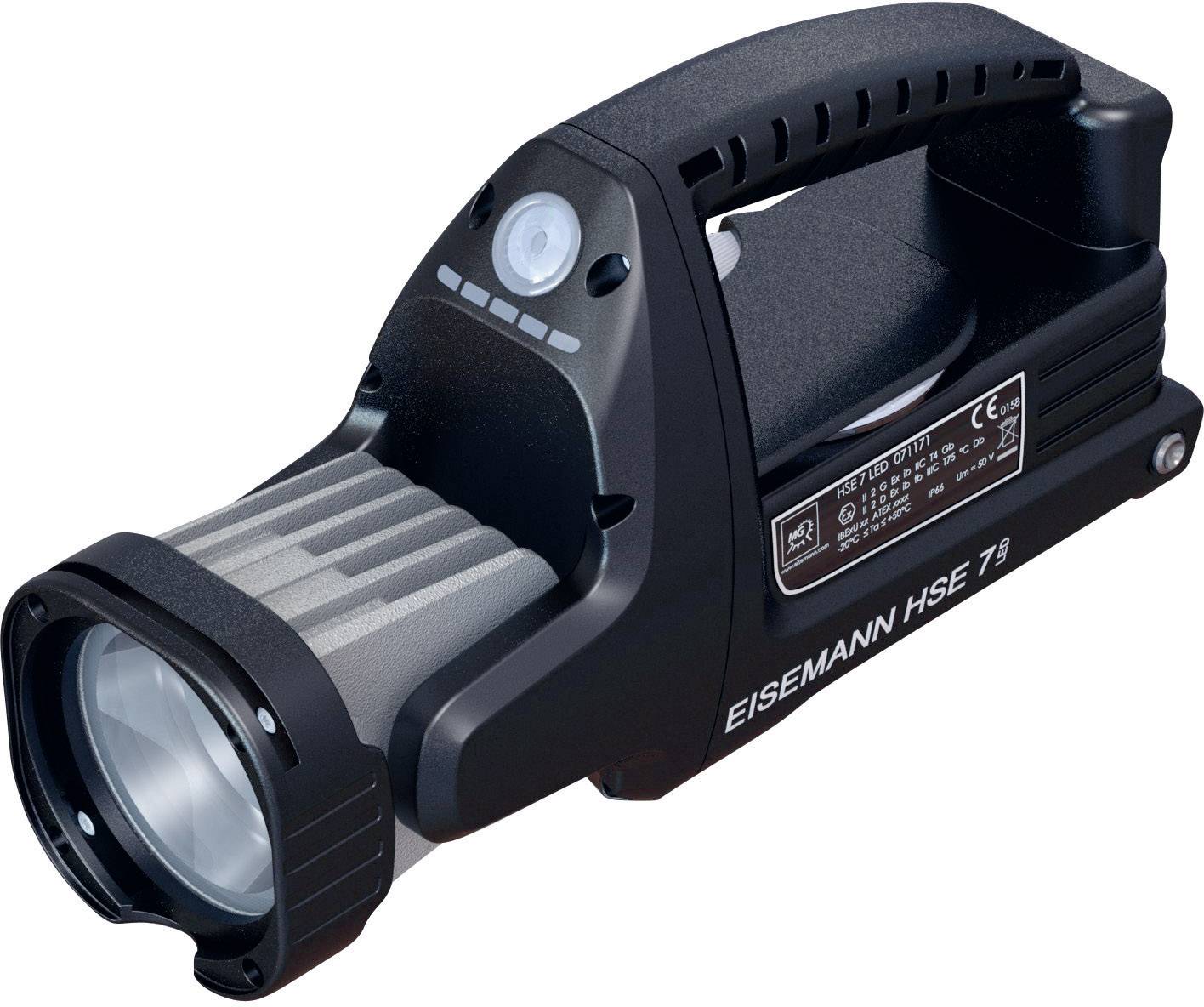 A black portable torch with an ergonomic handle and silver accents, model 'Eisemann HSE 7', on a light background.