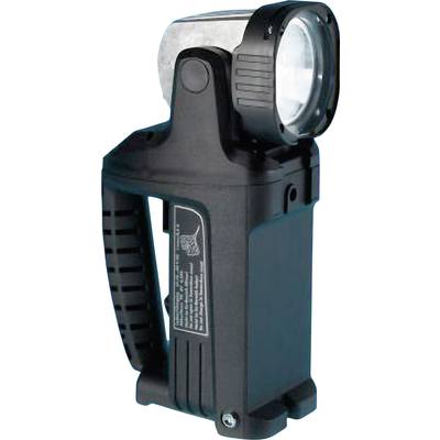 A black, portable LED torch with a handle and a tiltable head for flexible lighting adjustments.
