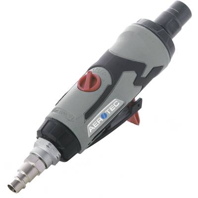 A pneumatic straight grinder with a grey casing, red rotary control and connection port at the front. Brand name 'AEROTEC' visible.