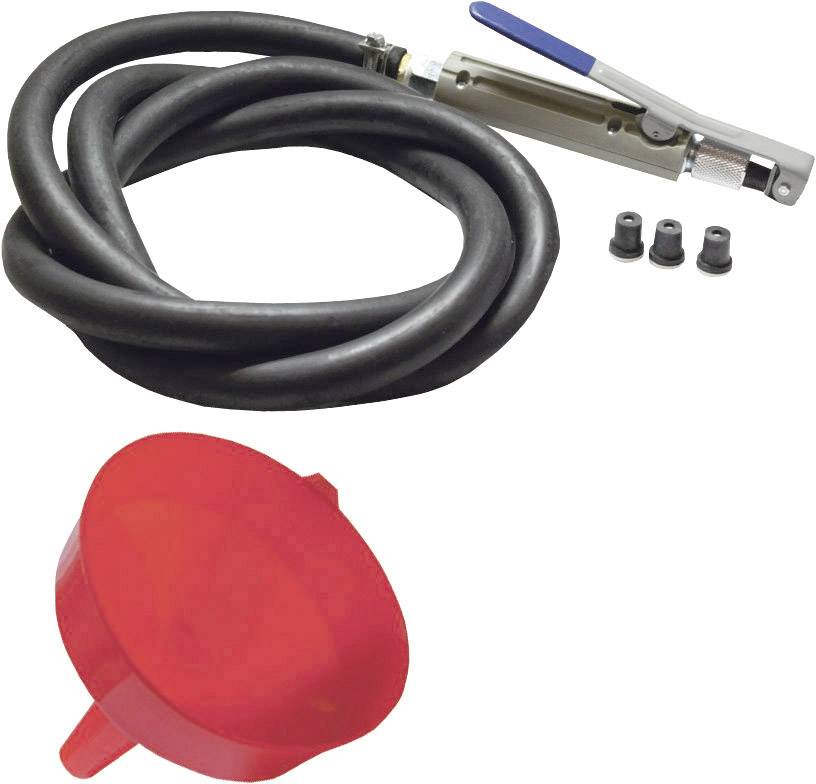 Black hose with metal handle, red funnel, and three black nozzle attachments on a light background.