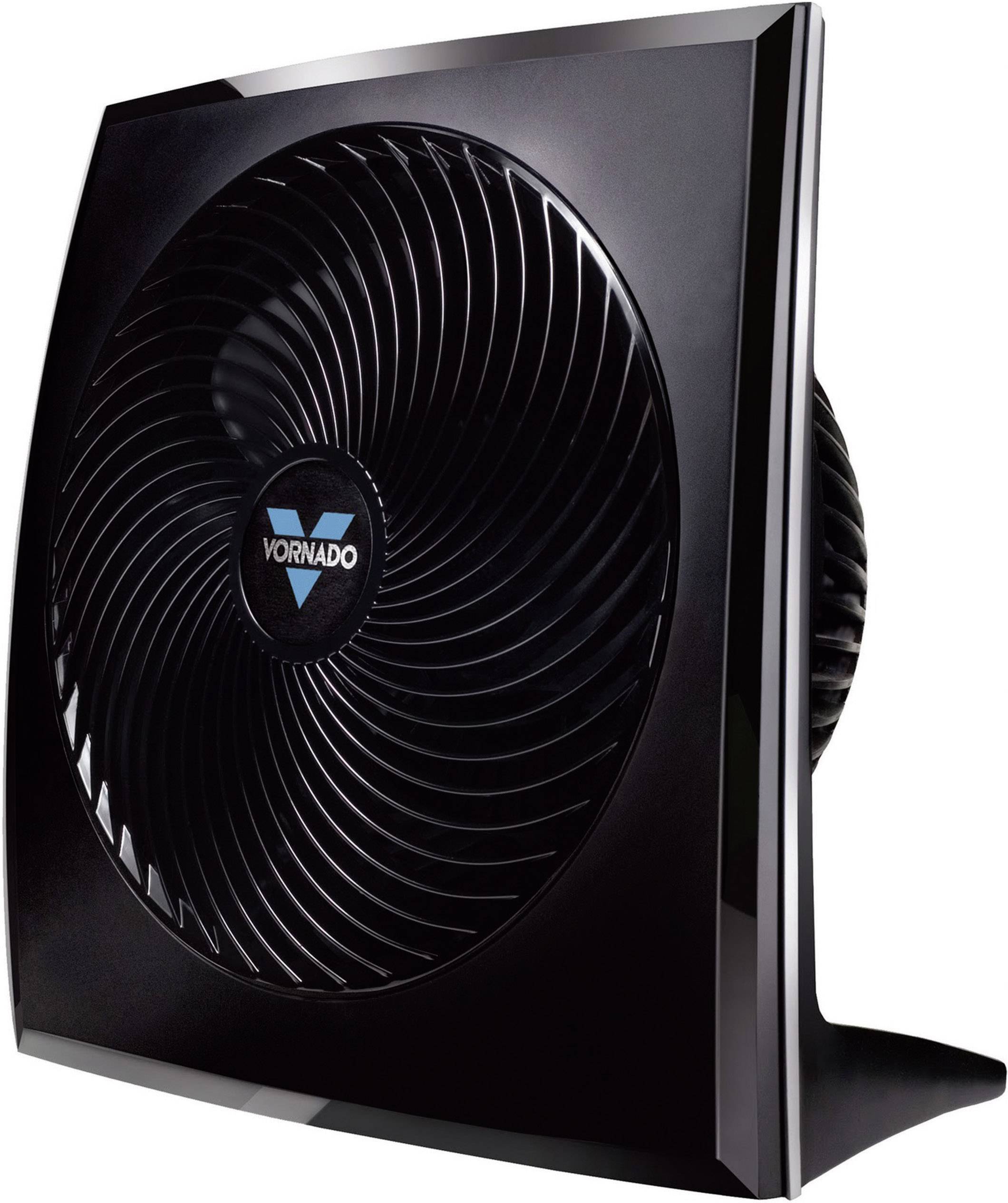 Black, square table fan with a spiral-shaped fan grille; brand name 'Vornado' in the centre of the grille.