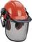 Red safety helmet with ear defenders and clear face shield for safety precautions in construction or forestry work.