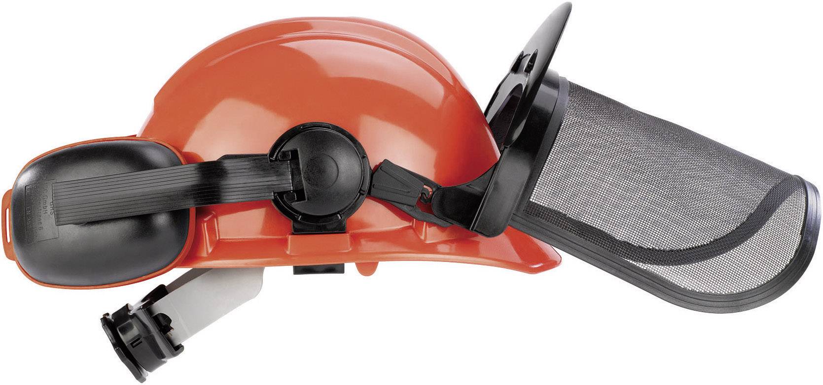 A red safety helmet with integrated face shield and ear protection. The helmet features a transparent protective visor and black ear defenders.