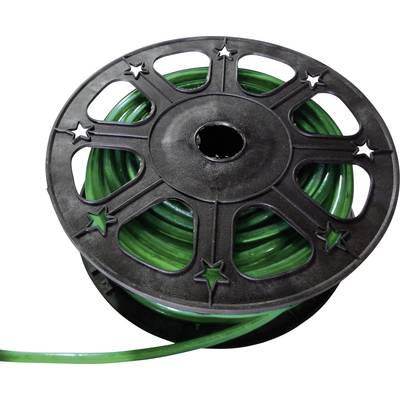 A black plastic cable reel with a green hose coil, decorated with star-shaped cutouts.