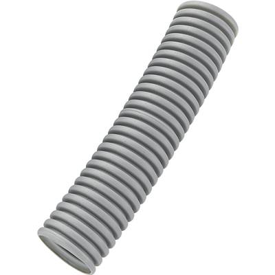 Grey flexible corrugated plastic conduit, lying on its side, against a white background.