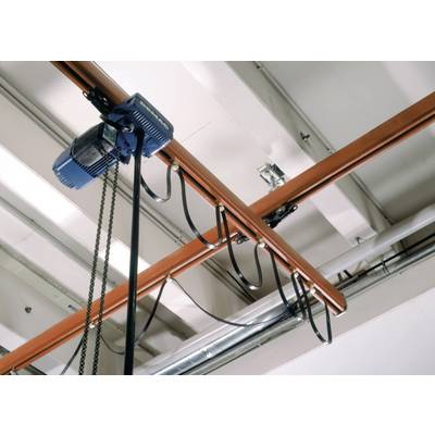 A blue electric chain hoist is attached to an orange rail on the ceiling and connected by black cables.