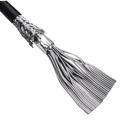 A cut cable reveals the various layers of its shielding and inner conductors.
