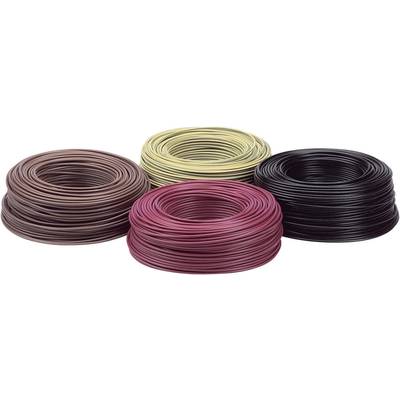 Four coiled cables in brown, yellow, red, and black are lying side by side on a white background.