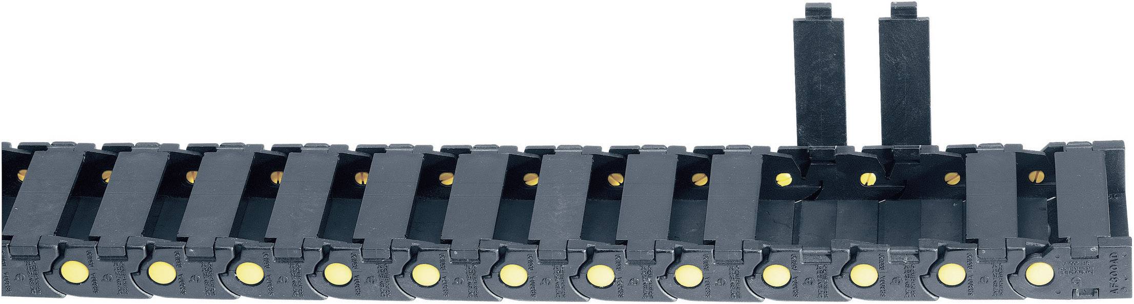 A black cable carrier with multiple joints and two upright covers, suitable for housing cables and hoses.