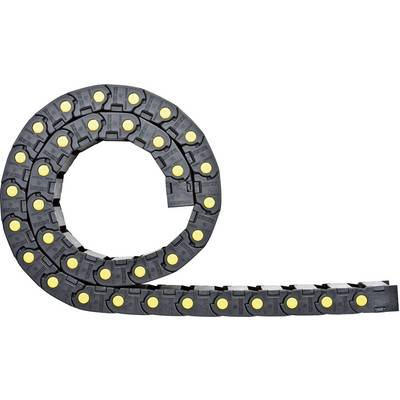A black energy guide chain, spirally coiled, with yellow covers. It is used in mechanical engineering applications for cable routing.