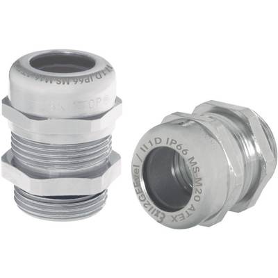 'Two stainless steel cable glands with threading, suitable for hazardous areas, on a white background.'