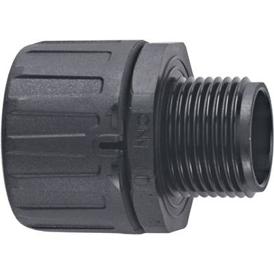 Black plastic connection adapter with external thread and ribbed surface, suitable for water piping systems.