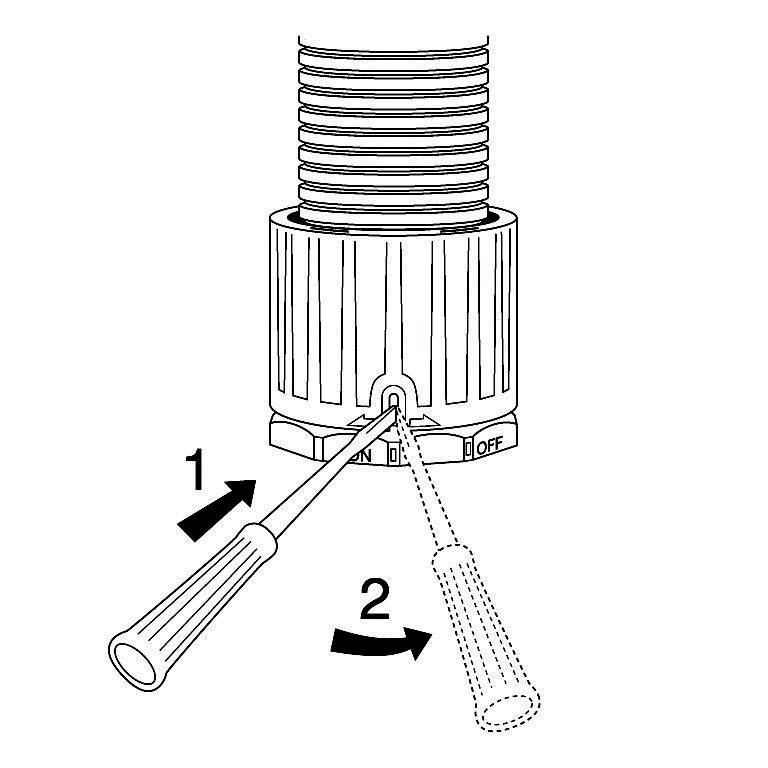 Black and white drawing of a cylinder with grooves. One screwdriver points to 'ON', another moves from 'ON' to 'OFF'.