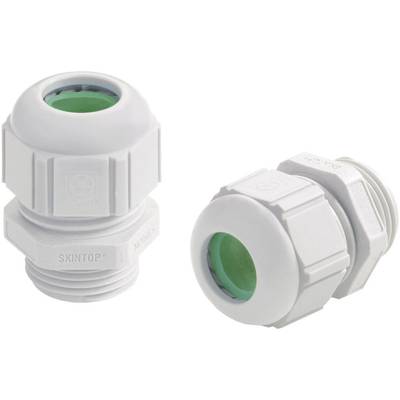 Two white cable glands with green seals, designed for secure cable fastening in electrical installations.