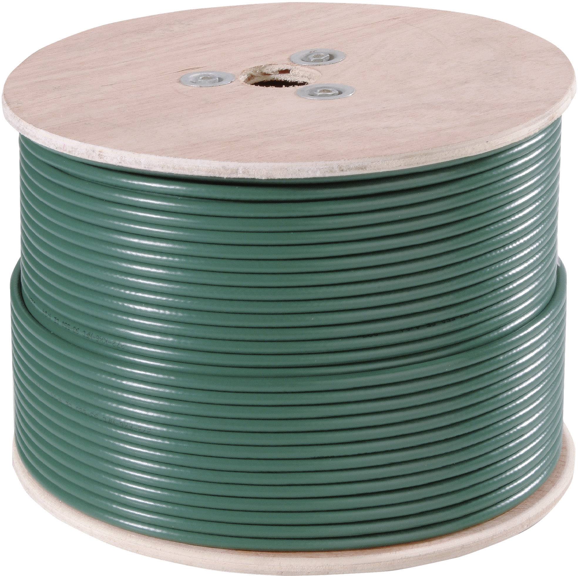 A large wooden reel with a green cable wound multiple times around the spool.