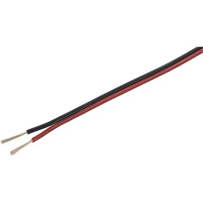 Two-core speaker cable, black and red, with stripped copper wires at one end.